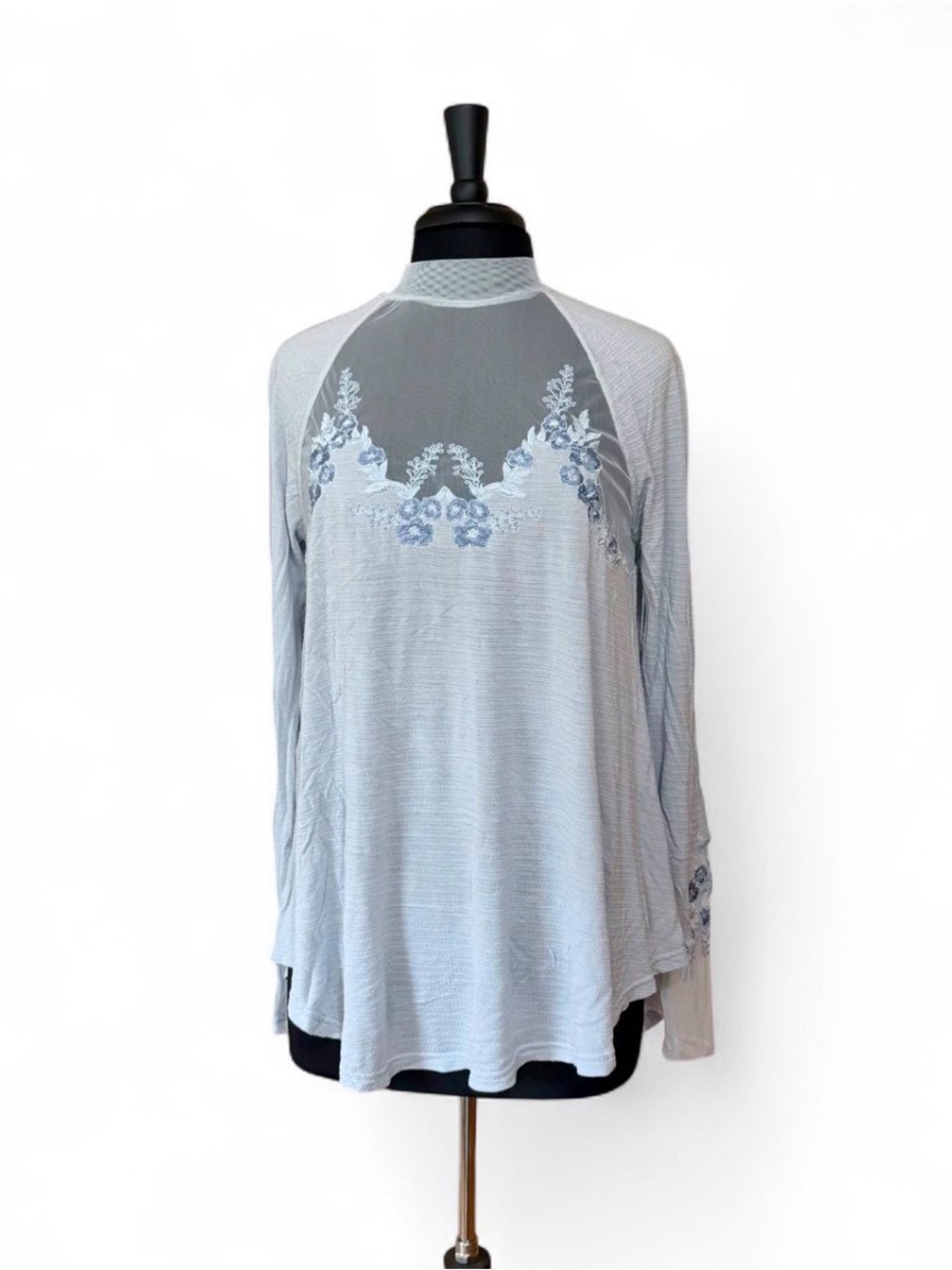 Free People shirt long sleeve mock neck Floral Embroidered mesh tunic lace flowy